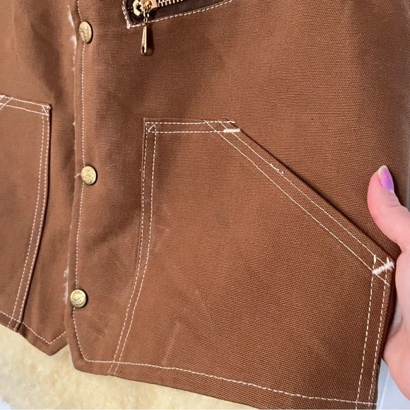 Vintage Carters Fleece Lined Canvas Vest 1970s Work Sherpa Duck USA Brown Tan - Picture 5 of 13